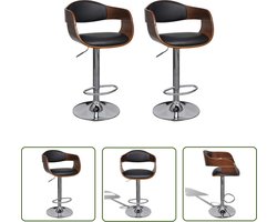 vidaXL Eetkamerstoelen - Barkrukken - Barkrukken 2 st gebogen hout en kunstleer zwart - Barstoel - Zwarte Barkrukken - Bruine Barkrukken