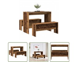 vidaXL Eettafel - Eetkamerstoel - 3-delige Eettafel en bankenset bewerkt hout oud houtkleurig - Houten Eettafel - Vintage Eettafel - Salontafel