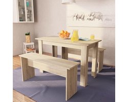 vidaXL - Eettafel - en - banken - 3 - st - bewerkt - hout - eikenkleurig