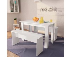 vidaXL - Eettafel - en - banken - 3 - st - bewerkt - hout - wit