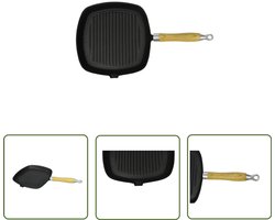 vidaXL Gietijzeren Pan - Grillpan - Grillpan met houten handvat gietijzer 20x20 cm - Barbecue Pan - Grillen - Gerechtjes Bakken