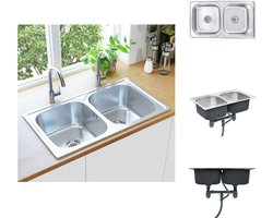 vidaXL Gootsteen - Gootstenen - Gootsteen Met Dubbele Kom - Gootstenen Met Dubbele Kom - Gootsteen dubbele bak met afvoer en zwanenhals roestvrij staal