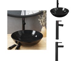 vidaXL Gootsteen - Gootstenen - Wastafel - Wasbak - Wastafel met kraan en pop-up afvoer gehard glas zwart