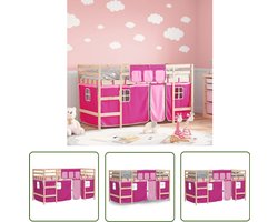 vidaXL Hoogslaper - Kinderhoogslaper - Kinderhoogslaper met gordijnen 80x200 cm grenenhout roze - Grenenhout - Meisjeskamer - Kindermeubilair