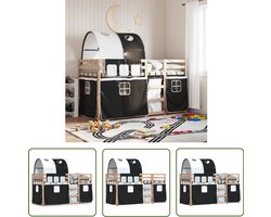 vidaXL Houten Bed - Stapelbed - Stapelbed met gordijnen 90x200 cm grenenhout wit en zwart - Kinderbed - Grenenhout Bed - Tweepersoons Bed