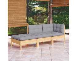 vidaXL Houten Loungebank - Tuin Lounge Set - 3-delige Loungeset met grijze kussens massief grenenhout - Buitendinerset - Patio Furniture - Teak Lounge Set