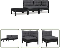 vidaXL Houten Loungebank - Tuin Lounge Set - 3-delige Loungeset met kussens massief grenenhout zwart - Grenenhout Meubel - Outdoor Furniture - Patioset