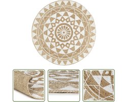 vidaXL Jute Tapijt - Vloertapijt - Vloerkleed handgemaakt met witte print 120 cm jute - Natuurtapijt - Handgemaakt Tapijt - Vintage Tapijt