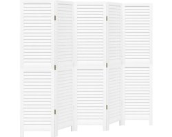 vidaXL - Kamerscherm - met - 5 - panelen - massief - paulowniahout - wit