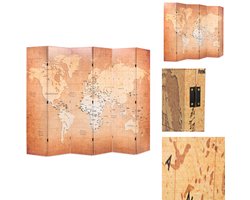 vidaXL Kamerverdeler - Kamerverdelers - Paravent - Paravents - Kamerscherm inklapbaar wereldkaart 228x170 cm geel