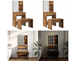 vidaXL Kaptafelset met LED-verlichting bewerkt hout oud houtkleurig - Kaptafel Set - Kaptafel Sets - Kaptafel - Ijdelheid Tafel