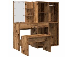 vidaXL Kaptafelset met LED-verlichting bewerkt hout oud houtkleurig - Kaptafel Set - Kaptafel Sets - Kaptafel - Ijdelheid Tafel