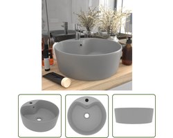 vidaXL Keramische Wastafel - Wastafel - Wastafel met overloop 36x13 cm keramiek mat lichtgrijs - Rond Wastafel - Grijze Wastafel - Badkamerspiegel