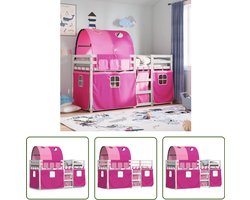 vidaXL Kids Bed - Stapelbed - Stapelbed met gordijnen 90x200 cm grenenhout roze - Houten Bed - Grenenhout Bed - Meisjes Bed