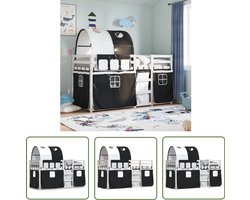 vidaXL Kids Bed - Stapelbed - Stapelbed met gordijnen 90x200 cm grenenhout wit en zwart - Houten Bed - Grenenhout Bed - Tweepersoons Bed