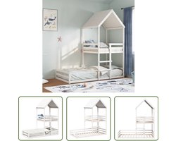 vidaXL Kidsbed - Kinderbed - Kinderbed met huisje massief grenenhout wit 90x200 cm - Hutbed - Grenenhouten Bed - Wit Kinderbed