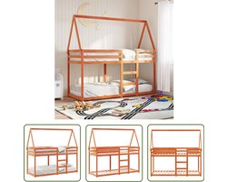 vidaXL Kidsbed - Stapelbed - Stapelbed met dak massief grenenhout wasbruin 80x200 cm - Houten Bed - Grenenhouten Bed - Bruine Bed