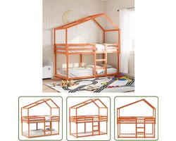 vidaXL Kidsbed - Stapelbed - Stapelbed met dak massief grenenhout wasbruin 80x200 cm - Houten Bed - Grenenhouten Bed - Bruine Bed