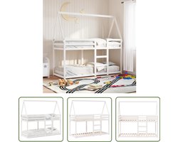 vidaXL Kidsbed - Stapelbed - Stapelbed met dak massief grenenhout wit 90x200 cm - Houten Bed - Kinderkamer - Grenenhout Bed