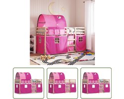 vidaXL Kidsbed - Stapelbed - Stapelbed met gordijnen 90x190 cm grenenhout roze - Houten Bed - Grenenhout Bed - Meisjesbed