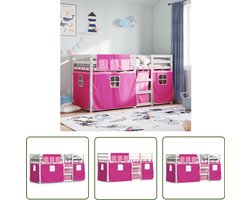 vidaXL Kidsbed - Stapelbed - Stapelbed met gordijnen 90x200 cm grenenhout roze - Tweepersoonsbed - Houten Bed - Grenenhout Bed