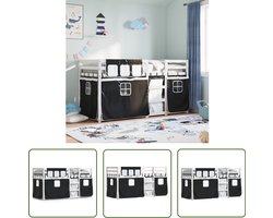 vidaXL Kidsbed - Stapelbed - Stapelbed met gordijnen 90x200 cm grenenhout wit en zwart - Houten Bed - Grenenhout - Kinderkamer