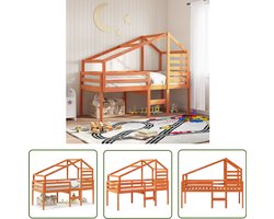 vidaXL Kinderbed - Hoogslaper - Hoogslaper met dak massief grenenhout wasbruin 90x190 cm - Bed Met Dak - Grenenhout Bed - Houten Bed