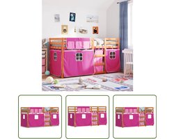 vidaXL Kinderbed - Stapelbed - Stapelbed met gordijnen 90x190 cm grenenhout roze - Houten Bed - Grenenhout Bed - Meisjeskamer