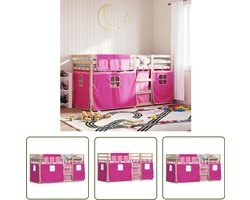 vidaXL Kinderbed - Stapelbed - Stapelbed met gordijnen 90x190 cm grenenhout roze - Houten Bed - Grenenhout Bed - Meisjeskamer