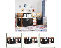 vidaXL Kinderbed - Stapelbed - Stapelbed met gordijnen 90x190 cm grenenhout wit en zwart - Houten Bed - Grenenhout Bed - Tweepersoonsbed