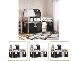 vidaXL Kinderbed - Stapelbed - Stapelbed met gordijnen 90x190 cm grenenhout wit en zwart - Houten Bed - Grenenhout Bed - Tweepersoonsbed
