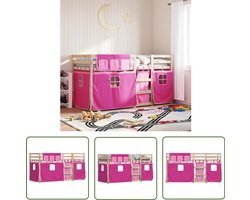 vidaXL Kinderbed - Stapelbed - Stapelbed met gordijnen 90x200 cm grenenhout roze - Houten Bed - Grenenhout Bed - Meisjeskamer