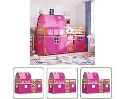 vidaXL Kinderbed - Stapelbed - Stapelbed met gordijnen 90x200 cm grenenhout roze - Houten Bed - Grenenhout - Meisjeskamer