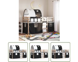 vidaXL Kinderbed - Stapelbed - Stapelbed met gordijnen 90x200 cm grenenhout wit en zwart - Houten Bed - Grenenhout - Tweepersoonsbed