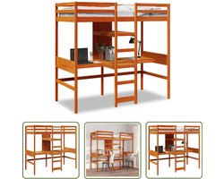 vidaXL Kinderkamer - Hoogslaper - Hoogslaper met bureau en schappen grenenhout wasbruin 90x200cm - Tweepersoonsslaapbank - Stapelbed - Bureaublad