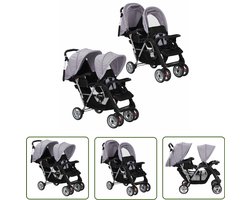 vidaXL Kinderwagen Dubbel - Kinderwagen Tweeling - Kinderwagen dubbel staal grijs en zwart - Babywagen Dubbel - Luxe Kinderwagen - Kinderwagen Grijs Zwart