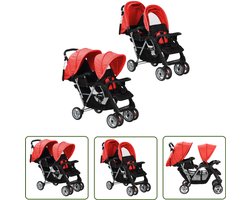 vidaXL Kinderwagen Dubbel - Kinderwagen Tweeling - Kinderwagen dubbel staal rood en zwart - Kinderwagen Tweedelig - Babywagen Dubbel - Luxe Kinderwagen