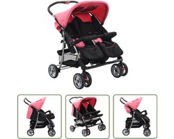 vidaXL Kinderwagen - Tweelingkinderwagen - Tweelingkinderwagen staal roze en zwart - Babyproducten - Roze Kinderwagen - Zwarte Kinderwagen