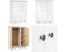 vidaXL Kledingkast Hill 3 deuren 127x50x170 cm massief grenenhout wit - Kledingkast - Kledingkasten - Klerenkast - Garderobekast