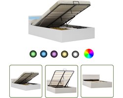 vidaXL Kunstleder Bed - Hydraulisch Bedframe - Bedframe met opslag hydraulisch LED kunstleer wit 120x200 cm - Wit Bed - Opbergbed - Led Verlichting Bed
