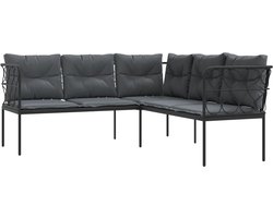 vidaXL L-vormige tuinbank zwart met kussens Tuinbank - Loungebank - Zwarte Tuinbank - Tuinset - Buitenshuis Wonen - Relaxen In De Tuin - Comfort Tuinbank - Afneembare Kussens - Wasbare Kussens - Staal Tuinbank - Textielene Stoffen