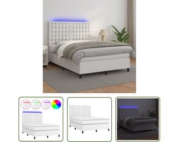 vidaXL Led Boxspring - Boxspring - Boxspring met matras en LED kunstleer wit 140x200 cm - Kunstleder Bed - Verstelbare Hoofdbord - Pocketveer Matras