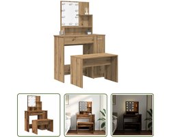vidaXL Led Verlichting - Kaptafel - Kaptafelset met LED-verlichting bewerkt hout oud houtkleurig - Make-up Tafel - Dressing Table - Bewerkt Hout