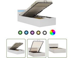 vidaXL Lederlook Bed - Hydraulisch Bed - Bedframe met opslag hydraulisch LED kunstleer wit 90x200 cm - Witte Bed - Boxspring Bed - Tweepersoons Bed