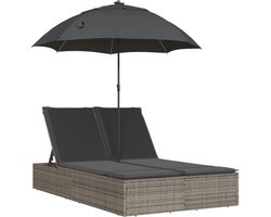 vidaXL - Ligbed - 2-persoons - met - kussens - en - parasol - poly - rattan - grijs