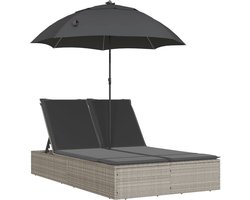 vidaXL - Ligbed - 2-persoons - met - kussens - en - parasol - poly - rattan - lichtgrijs