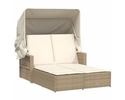 vidaXL Ligbed 2-persoons met luifel en kussens poly rattan beige - Dubbel Ligbed - Dubbele Ligbedden - Ligbed - Tuinstoel