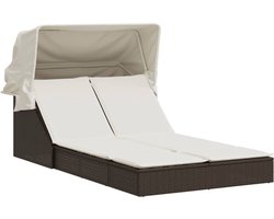 vidaXL - Ligbed - 2-persoons - met - luifel - en - kussens - poly - rattan - bruin