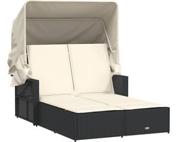 vidaXL - Ligbed - 2-persoons - met - luifel - en - kussens - poly - rattan - zwart