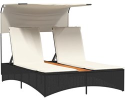 vidaXL - Ligbed - 2-persoons - met - luifel - en - kussens - poly - rattan - zwart